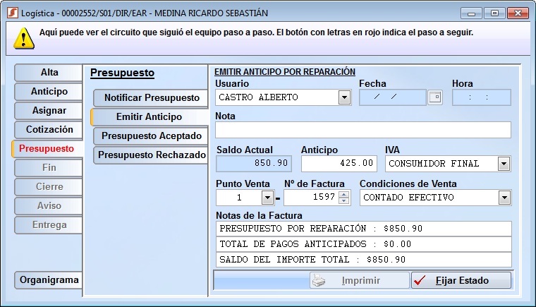 servicio emitir anticipo