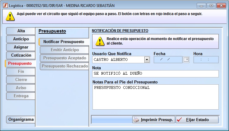 servicio notificar presupuesto
